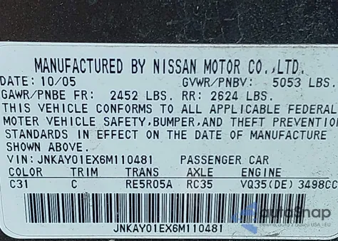2006 Infiniti M35 from USA, damaged, VIN JNKAY01EX6M110481